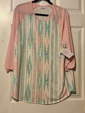 LuLaRoe Randy Pink and Mint Aztec Raglan Top